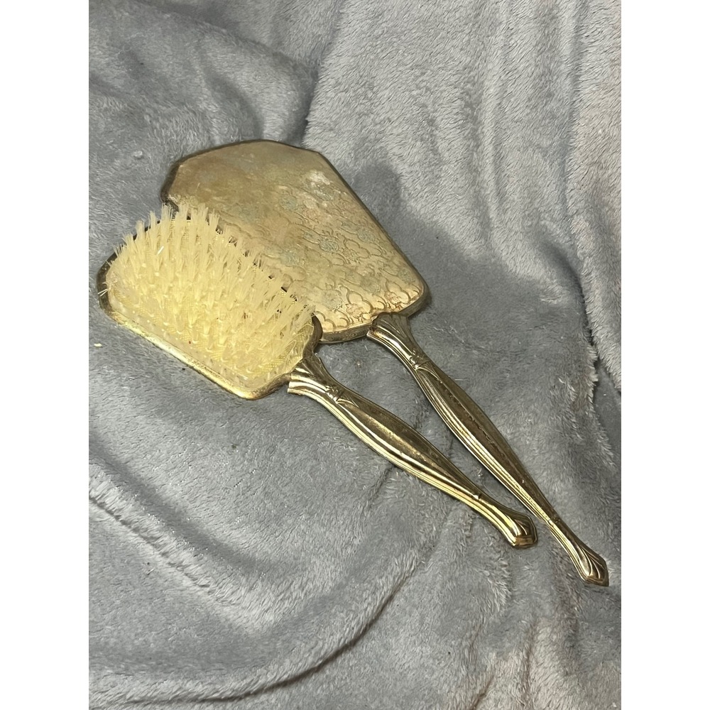 Vintage Gold Vanity Mirror Hair Brush Set Floral Brocade‎ Design Dressing Set